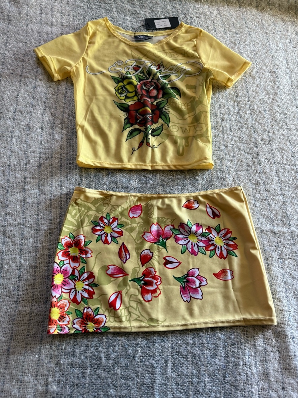 Yellow Ed Hardy Swim 2 Pc Skirt Set M NWT Roses Bling Floral